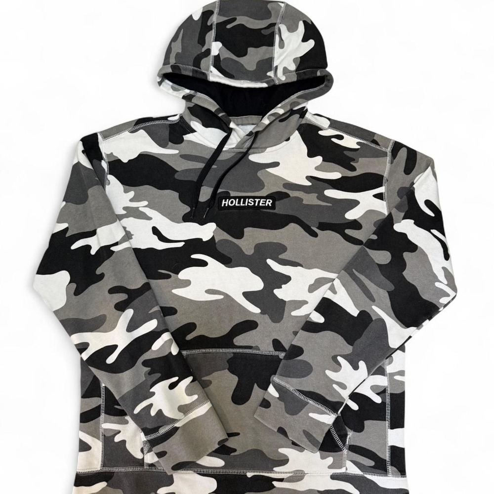 Hollister Grey Camo Hoodie, Men's Size L — Camouflage Fleece Pullover